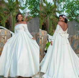 Sexy African Nigerian A-Line Wedding Dresses With big bow sash elegant stain Off The Shoulder long Sleeve Bridal Gowns custom made P68