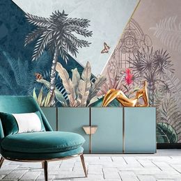 Nordic Hand Painted Tropical Plants 3D Geometric Tropical Rainforest Palm Tree Mural Background Wall Paper Papel De Parede 3 D