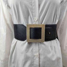 Women's Retro wide waistband square buckle Rhinestone elastic decorative waist seal G220301