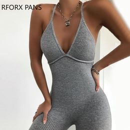 Women Sleeveless V-neck Solid Ribbed Open Back Cross Sexy Jumpsuit Bodysuit T200509