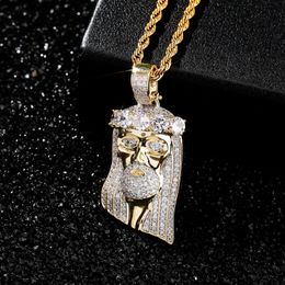 High Quality Gold Plated Full Bling CZ Jesus Pendant Necklace with Rope Chain for Men Women Hip Hop Jewellery