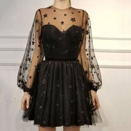 Women Sequin Star Print Tulle Dress Ladies Mesh See-Through Cocktail Party Dress T200320