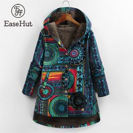 EaseHut 4XL 5XL Big Sizes Women Coat and Jackets Ethnic Geometry Print Hooded Long Sleeve Overcoat Spring Long Outwear 201217