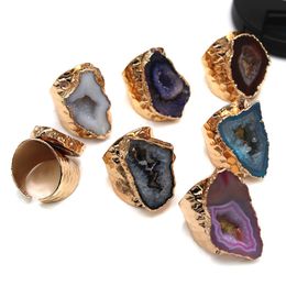 Jewellery gold-plated ring, agate geode, Coloured rough stone, gold rim, adjustable European natural stone, unisex.