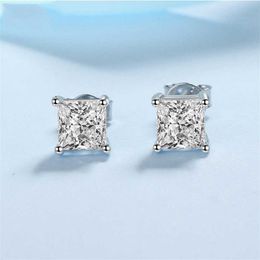 100% Stud Earrings Princess Cut Ear Studs Solid Silver VVS Diamond Earring For Women Men Wedding Jewellery 220125
