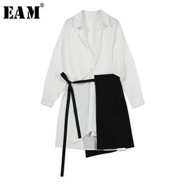[EAM] 2020 New Spring Autumn Lapel Long Sleeve White Loose Bandage Split Joint Two Piece Shirt Dress Women Fashion Tide LJ200814