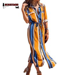 Turn Down Collar Office Ladies Stripe Shirt Dress Long Chiffon Beach Dress Casual Long Sleeve Elegant 2020 Party Dress Vestidos LJ200818