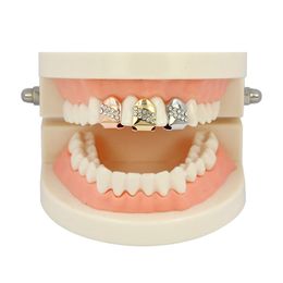 Gold Silver Hip Hop Single Tooth Grillz Cap Top & Bottom Grill for Halloween Jewelry Gifts Bling Rhinestone Diamond Grillz