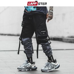 LAPPSTER Pachwork Cargo Pants Streetwear Hip Hop Ribbons Joggers Pants Men Japanese Style Black Casual Track Pants Fashions 201116