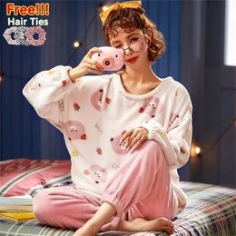 MELIFLE Winter Warm Pink Kawaii Velvet Pyjamas Set for Women Soft Flannel Woman Nightwear Atoff Home Plush White Sleepwear Suits 201217