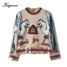 Star same heavy industry Sequin 3D parrot embroidery back zipper knit gold thread long sleeve round neck sweater female B-009 201130