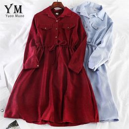 YuooMuoo Vintage Pockets Design Women Shirt Autumn Winter Drawstring A Line Midi Dress Elegant Ladies Office Dresses 201028