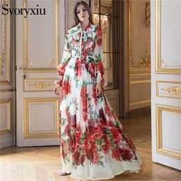 Runway Designer Boho Maxi Dress Women's Elegant Beach Vacation Flower Printing Long Dress Bow Collar Floor-Length Party Dresses LJ200818