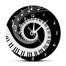 Elegant Piano Keys Black and White Modern Wall Clock Music Notes Wave Round Music Keyboard Wall Clock Music Lover Pianist Gift LJ201204