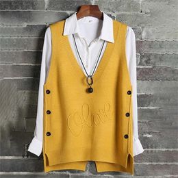 Woman Short Sleeveless Knitted Sweater Vest Waistcoat Side Buttons Casual Vest Female Pullover Plus Size Fashion Autumn Lady Top 201214