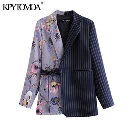 KPYTOMOA Women Fashion Office Wear Floral Print Patchwork Blazer Coat Vintage Pockets With Belt Female Outerwear Chic Tops 201023