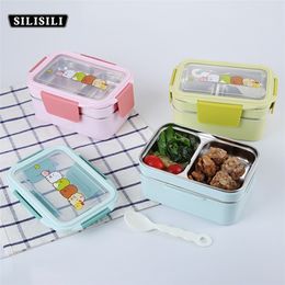 Portable Stainless Steel Lunch Box Double Layer Cartoon Food Container Box Microwave Bento Box for Kids Children Picnic School 201029