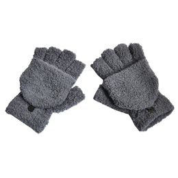 Luxury-Winter Women Plus Velvet Thicken Half-finger Flip Keep Warm Plush Soft Half Finger Gloves Mittens