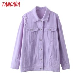 Tangada 2020 Autumn women oversized lavender denim jacket coat pocket Ladies Long Sleeve loose Coat LJ200813