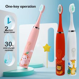 Cartoon Pattern Children's Electric Toothbrush Kids 3 To 15 Years Old Cleaning Care Oral Bacteria 6 Replacement Brush Heads USB Charging