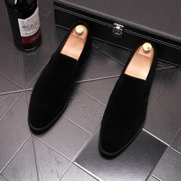 Newes Trend Men Pointed Black Suede Slip On Flats Dress Gentleman Formal Shoes Male Wedding Work Prom Sapato Social Masculino