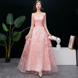 It's Yiiya Evening Dress O-neck Embroidery Evening Dresses Pink Plus Size Formal Gowns Long Half Sleeve robe de soiree LJ201125