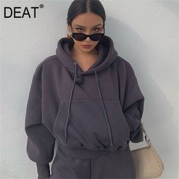 DEAT New Winter Fashion Women Clothes Hooded Drawstring Pullover Lantern Sleeves Sweatshirt And Track Pants WK0370 201211