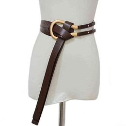 European and American Fashion All-match Double-layer Metal Arc Decoration Large Horseshoe Buckle Thin Belt Ladies Belt G220301