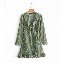 New women vintage cross v neck green polka dot print lace up mini dress female cascading ruffles vestidos party dresses DS2608 T200613