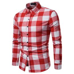 Summer White Red Checkered Casual Shirts Men Shirts Long Sleeve Camisa Masculina Chemise Homme Cotton Male Check Shirts 201120