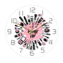 Wake Up & Make Up Cosmetics Collection Modern Wall Clock Beauty Salon Business Wall Sign Make Up Set Silent Movement Wall Clock 201118