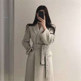 High Qulity Woman Coats Winter Wool Long With Belt Office Lady Fashion Lace Up Outerwear 201218