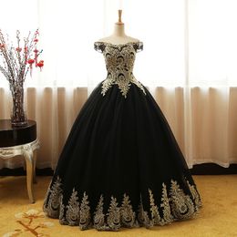 2021 New Arrival Bateau Black Ball Gown Quinceanera Dresses with Gold Appliques Sweet 16 Dress Debutante Prom Party Dress Custom Made 003