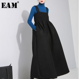[EAM] New Autmn Winer Loose Strap Vintage Pleated High Waist Ankle-length Wide Leg Pants Women Fashion Tide OB198 201106