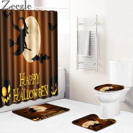 Bath Mats Zeegle Halloween Shower Curtain Bathroom Carpet Set Washable Toilet Rug Mat Absorbent Anti-slip Set1