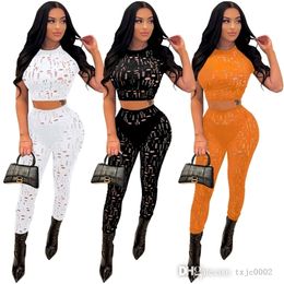 Women Sports Tracksuits 2022 Spring Summer Hollow Out Short Sleeve Trousers Sexy Tight Two Piece Set