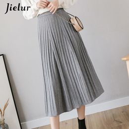 Jielur Women Skirt Stripe Slim Saia Faldas Solid Colour A-line Skirts Chic New Black Autumn Winter Knitted Skirts Womens 201109