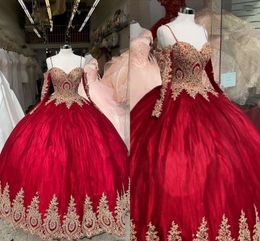 Dark Red Gold Lace Sweet 16 Dresses Prom Ball Gowns Organza Cold Shoulder Long Sleeves Crystal Straps Quinceanera Dress Corset Cheap Plus