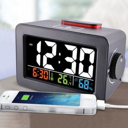 Gift Idea Bedside Wake Up Digital Alarm Clock with Thermometer Hygrometer Humidity Temperature Table Desk Clock Phone Charger LJ200827