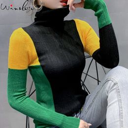 Fall Winter Korean Style Knitted Sweater Fashion Sexy Contrast Color Patchwork Turtleneck Women All Match Female Tops T09101L 210218