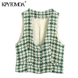 KPYTOMOA Women Fashion Button-up Tweed Cropped Vests Coat Vintage V Neck Long Sleeve Female Outerwear Chic Tops 201214