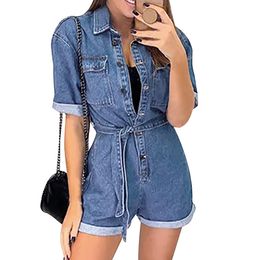 CYSINCOS Casual Women Denim Shorts Jumpsuit Short Sleeve 2020 New Fashion Turn-down Collar Sashes Women Jumpsuit Rompers T200704