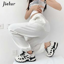 Jielur Korean White Blue Pants Women High Waist Loose Drawstring Harem Pants Casual Comfortable Female Sports Street Pants S-XL 211216