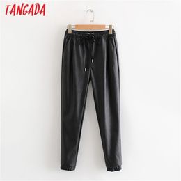 Tangada women black PU leather pants stretch waist drawstring tie pockets female autumn winter elegant trousers LJ200813