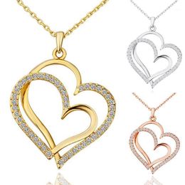 Pendant Necklaces 1PC Adjustable Golden Silver Rose Double Heart Crystal Love Valentines Gift Valentine's Day Wedding Jewelry Graceful