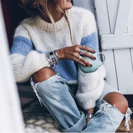 Long Sleeve Mohair ColorBlock Sweater Winter Autumn Woman Sweaters Pullovers Casual Knitted Striped Fuzzy Fluffy Sweater 201123