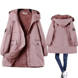 Winter Fleece Women Parka Female Hooded Mid Length Quilted Warm Winter Coat Padded Pink Blue Woman Windbreaker Jacket Large Size 201208