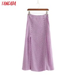 Tangada women purple floral print long skirt back zipper vintage female casual maxi skirts LJ201029