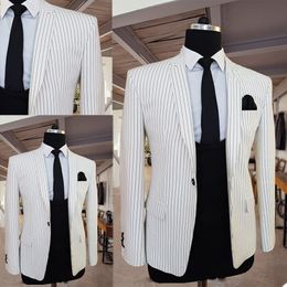 Handsome White Slim Fit Men Suits with Black Prinstripe Wedding Groom Tuxedos Bridegroom Suits Designer Best Man Prom Blazer