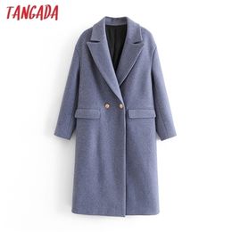 Tangada Women Blue Thick Long Wool Coats Jacket Loose Long sleeves pocket Winter Elegant coat 3W45 201218